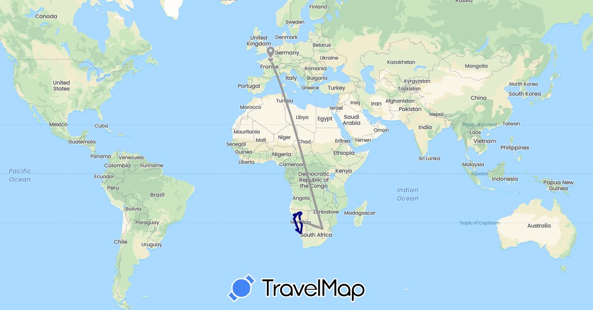 TravelMap itinerary: driving, plane in Australia, France, Namibia, South Africa (Africa, Europe, Oceania)